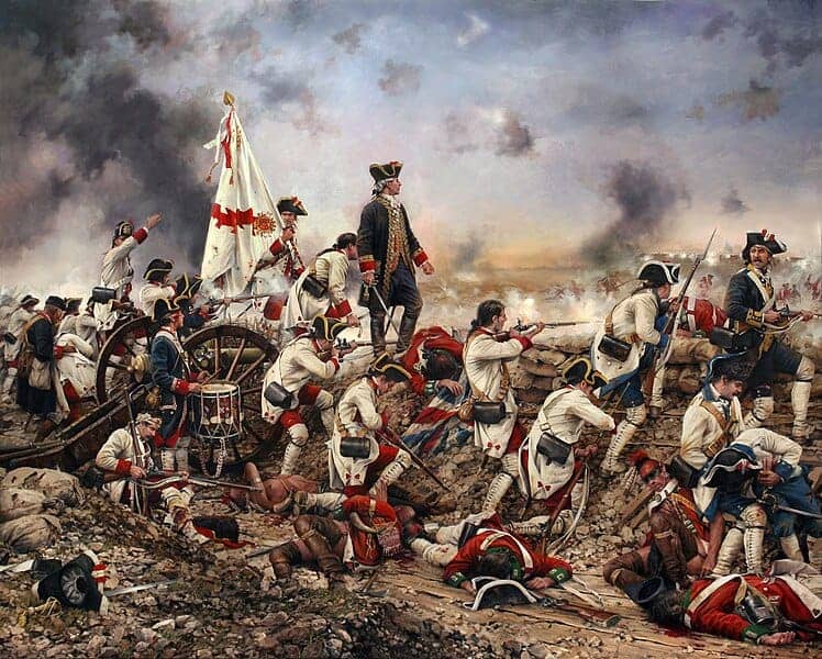 Obra titulada Por España y por el Rey, Gálvez en América, donde se muestra al militar español Bernardo de Gálvez durante la Batalla de Pensacola.