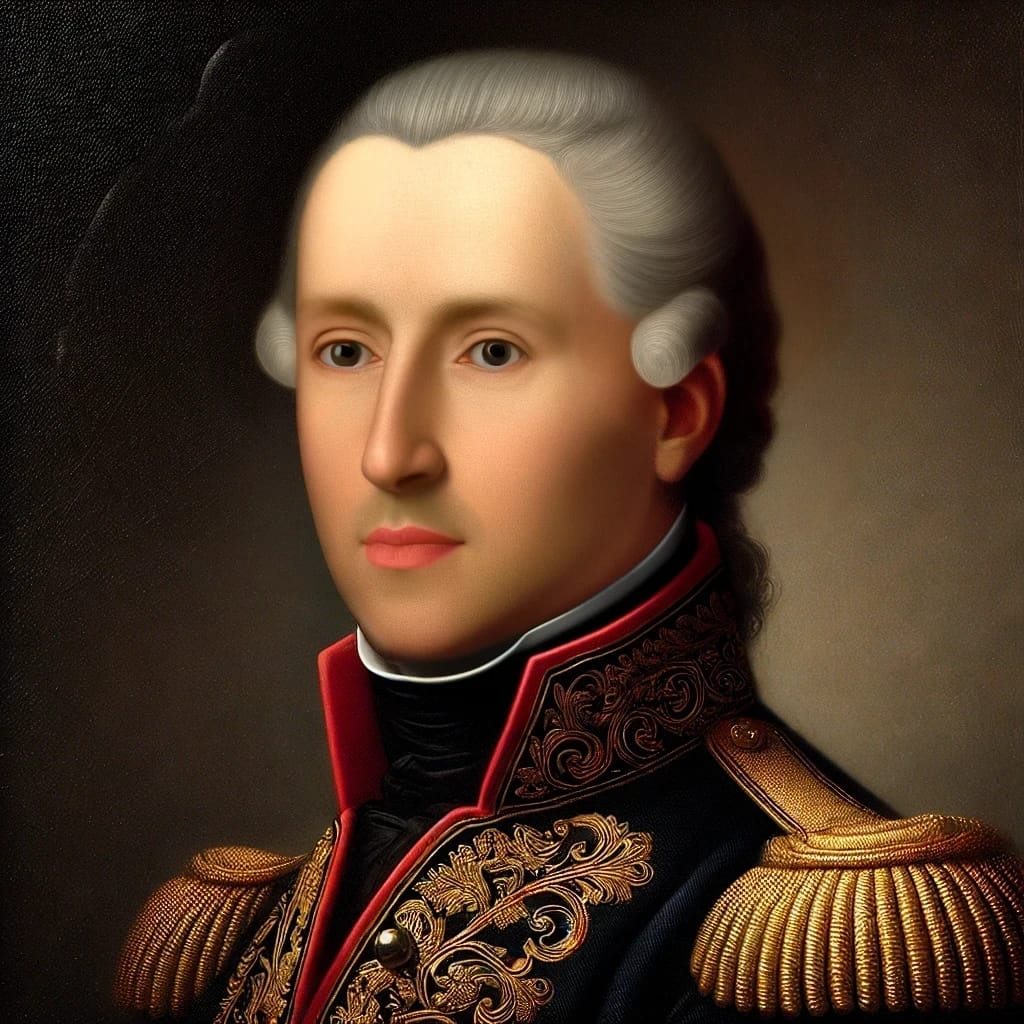 Retrato digital de Bernardo de Gálvez, héroe malagueño del siglo XVIII, vistiendo un uniforme militar español con bordados dorados. La imagen, recreada con inteligencia artificial, resalta su figura histórica clave en la independencia de Estados Unidos